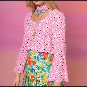 Rixo Josie Floral Pink Long Sleeve Blouse With Tie Size S